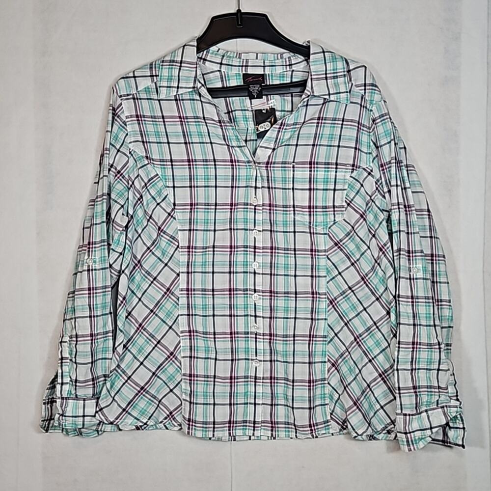 NWT Torrid Cotton White, Teal and Purple Plaid Button down shirt